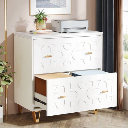 Retro White/Gold Geometric Scroll 2 Drawer Filing Cabinet Printer Stand - Tampa Home & Garden Store