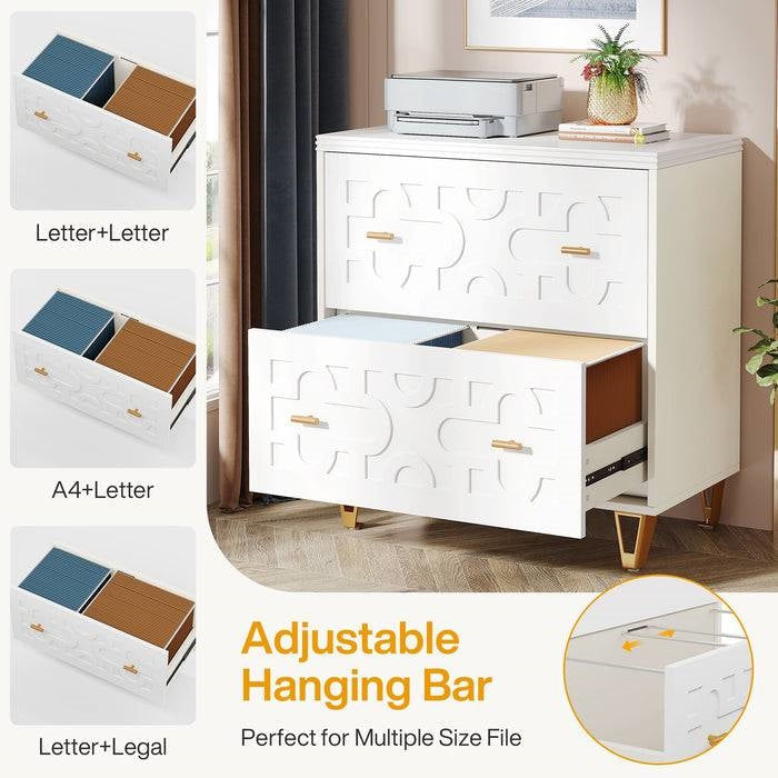 Retro White/Gold Geometric Scroll 2 Drawer Filing Cabinet Printer Stand - Tampa Home & Garden Store