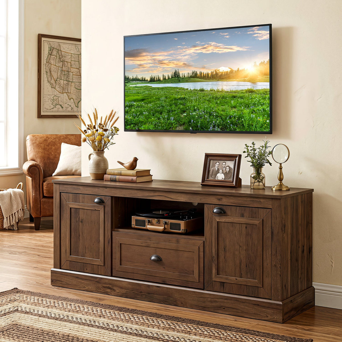 Farmhouse TV Stand for 70 inch TVs with storage cabinets, dark wood finish, drawer DirectDeals on Tampa Home & Garden Store