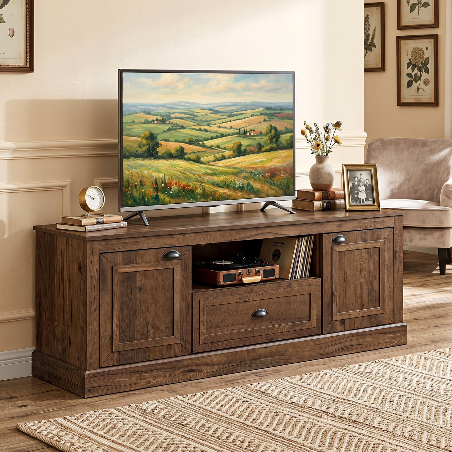 DirectDeals farmhouse TV stand for 70 inch TVs in dark wood with cabinet doors on Tampa Home & Garden Store