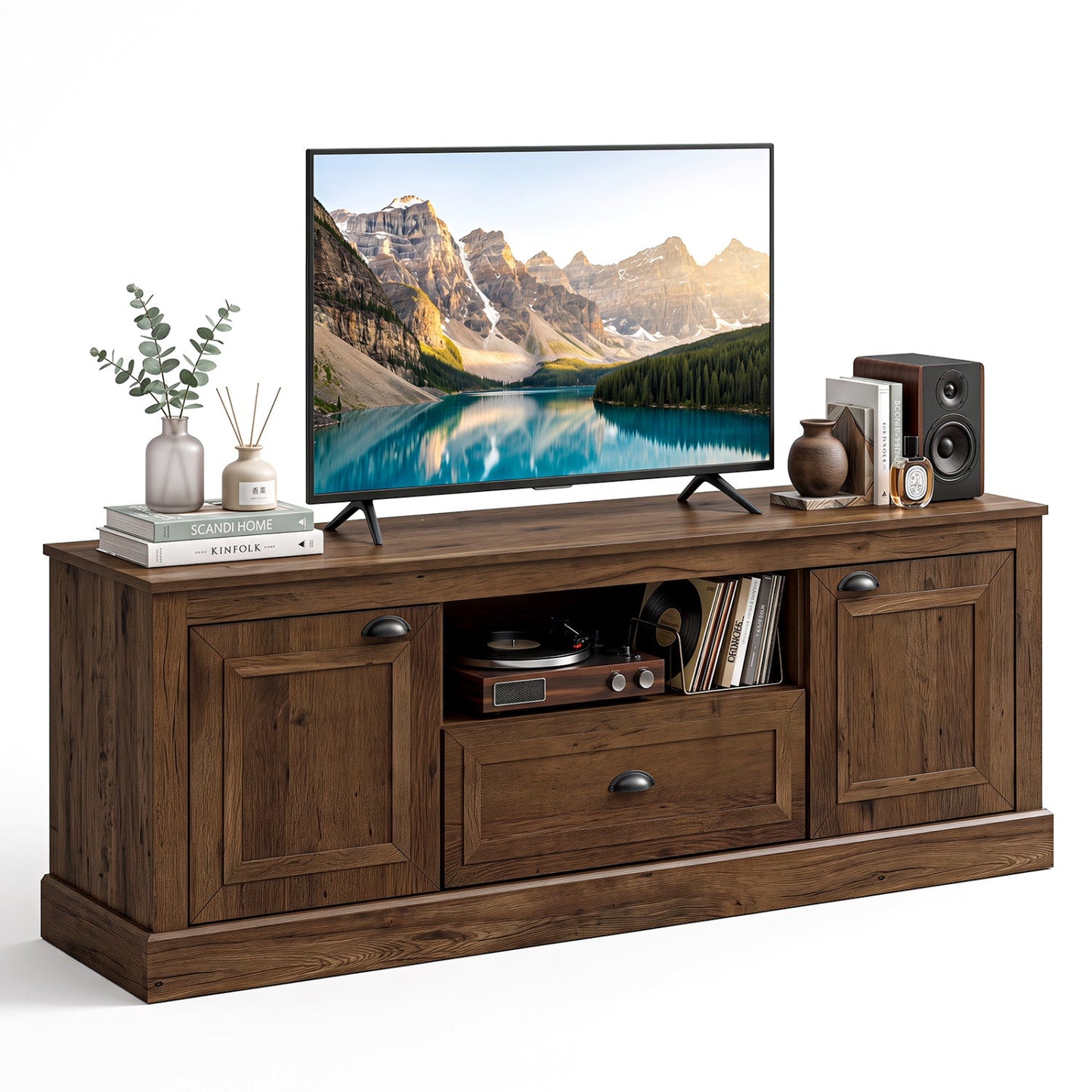 Farmhouse TV stand for 70-inch TVs with storage cabinets, brown wood, DirectDeals on Tampa Home & Garden Store