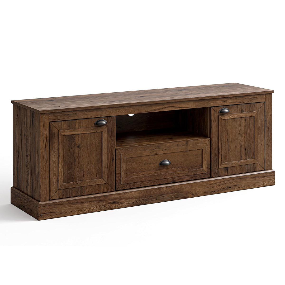 Farmhouse TV stand by DirectDeals for 70in TVs, warm brown wood, two cabinet doors on Tampa Home & Garden Store
