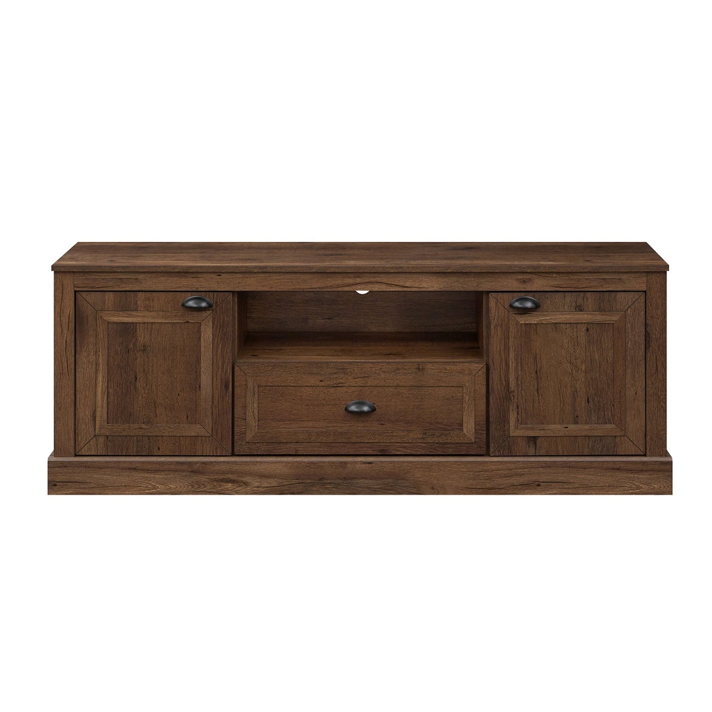 Farmhouse TV stand DirectDeals for 70in TVs in dark wood with two storage cabinets and shelf on Tampa Home & Garden Store