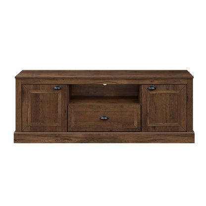 Farmhouse TV stand DirectDeals for 70in TVs in dark wood with two storage cabinets and shelf on Tampa Home & Garden Store