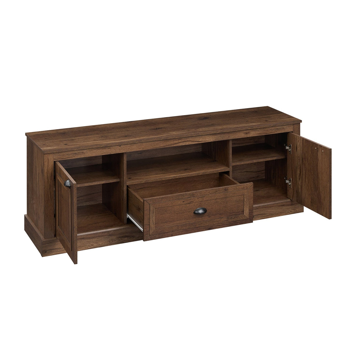 DirectDeals farmhouse TV stand for 70-inch TVs in dark brown wood with left and right cabinets on Tampa Home & Garden Store