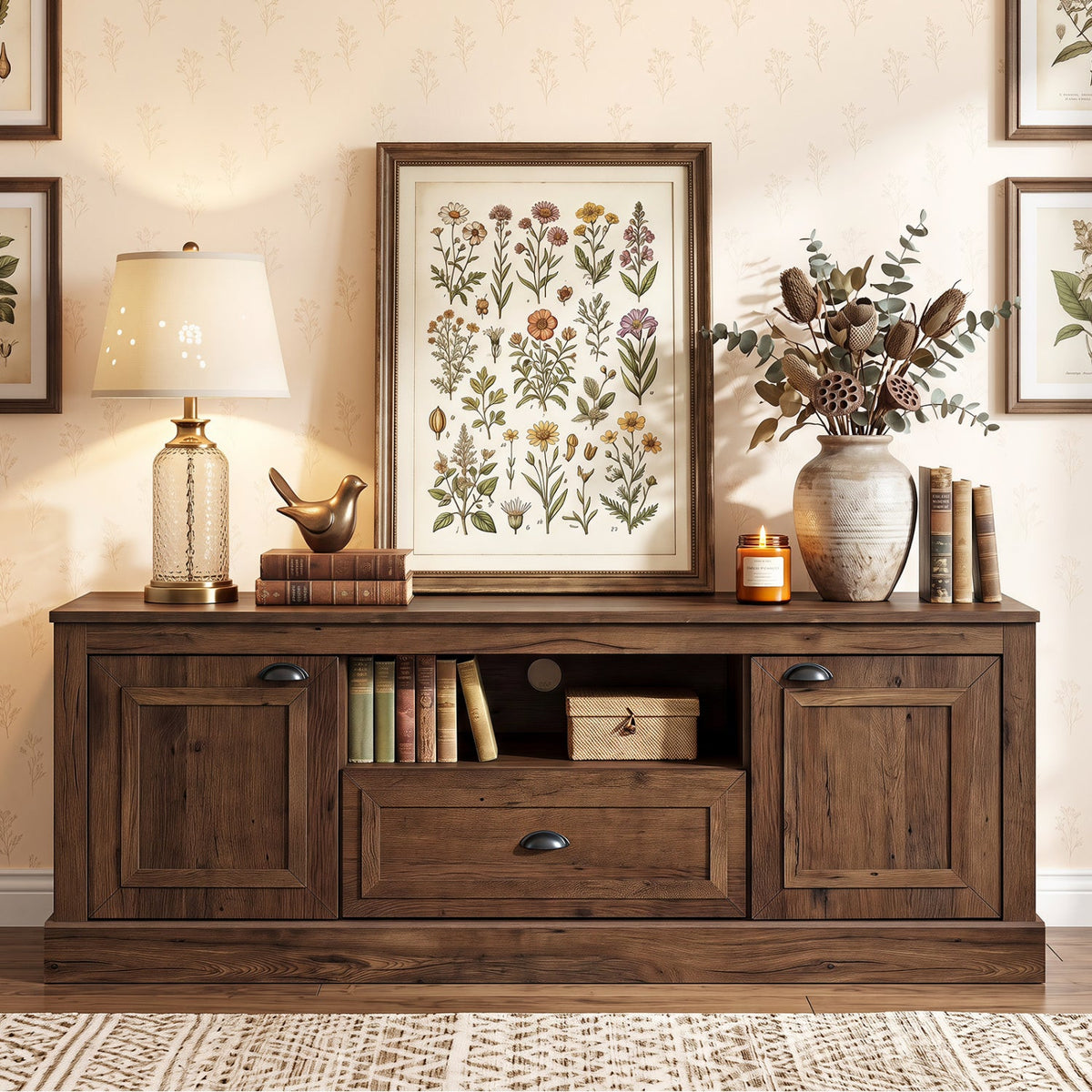 Farmhouse TV stand DirectDeals in dark wood with cabinets and a bottom drawer for 70-inch TVs on Tampa Home & Garden Store