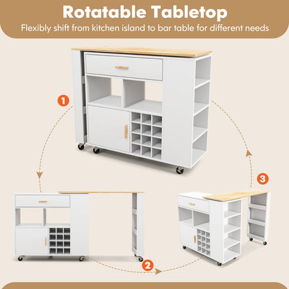 Reversible Folding Kitchen Island Cart with Wine Rack and Spice Rack