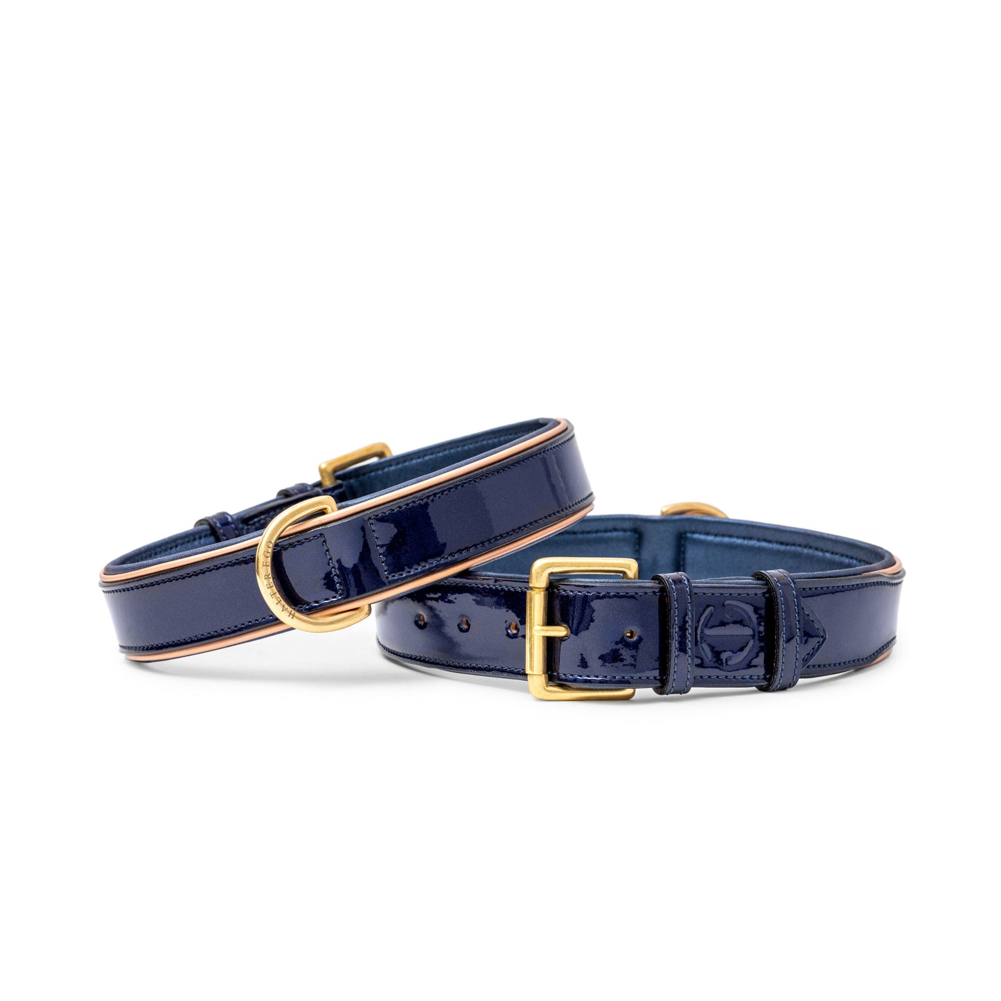Revolution Patent Blue Leather Dog Collar by Halter Ego, navy patent leather with gold hardware (2 collars) on Tampa Home & Garden Store