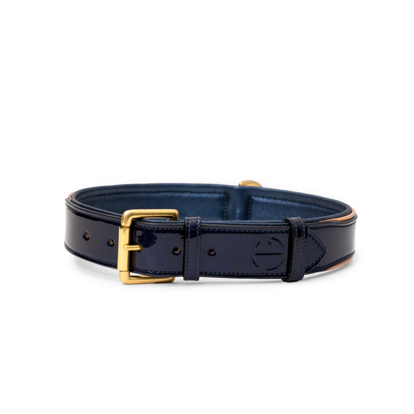 Revolution Patent Blue Leather Dog Collar by Halter Ego®, navy patent leather with gold-tone buckle on Tampa Home & Garden Store