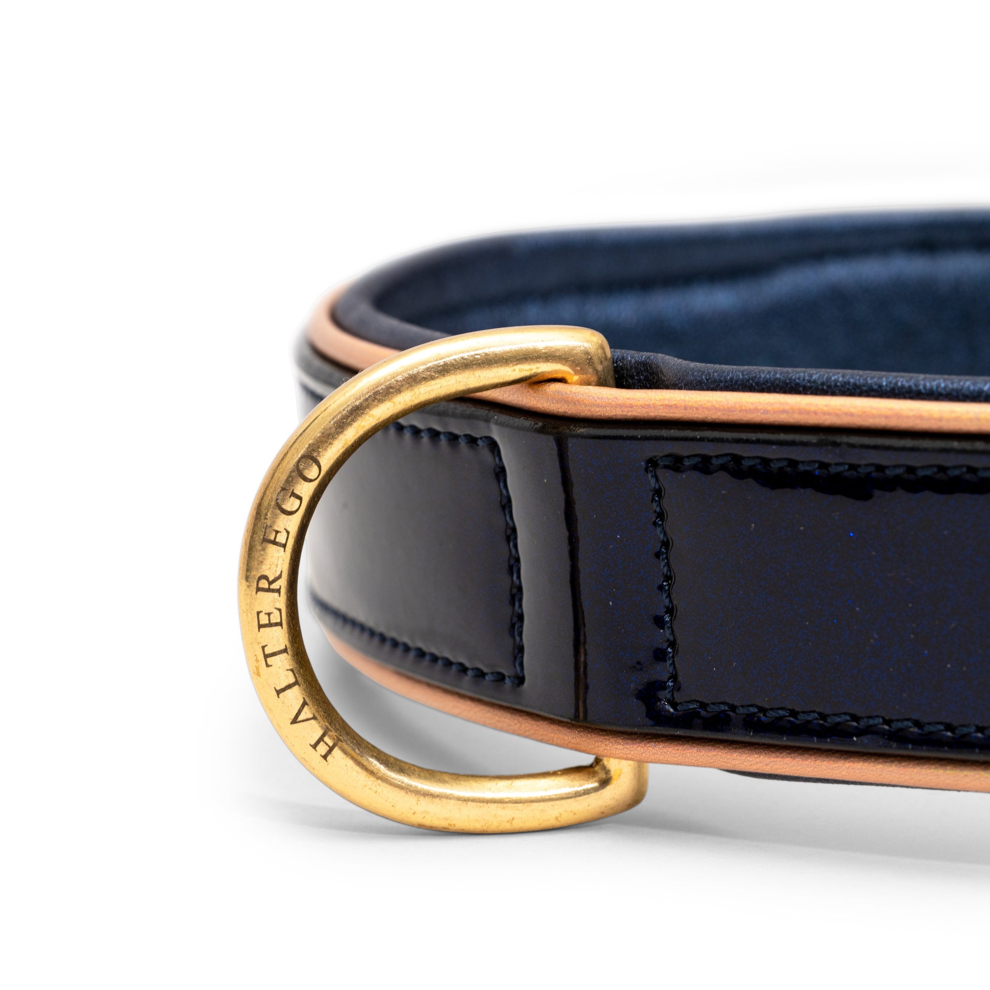 Revolution Patent Blue Leather Dog Collar Halter Ego with brass ring buckle on Tampa Home & Garden Store