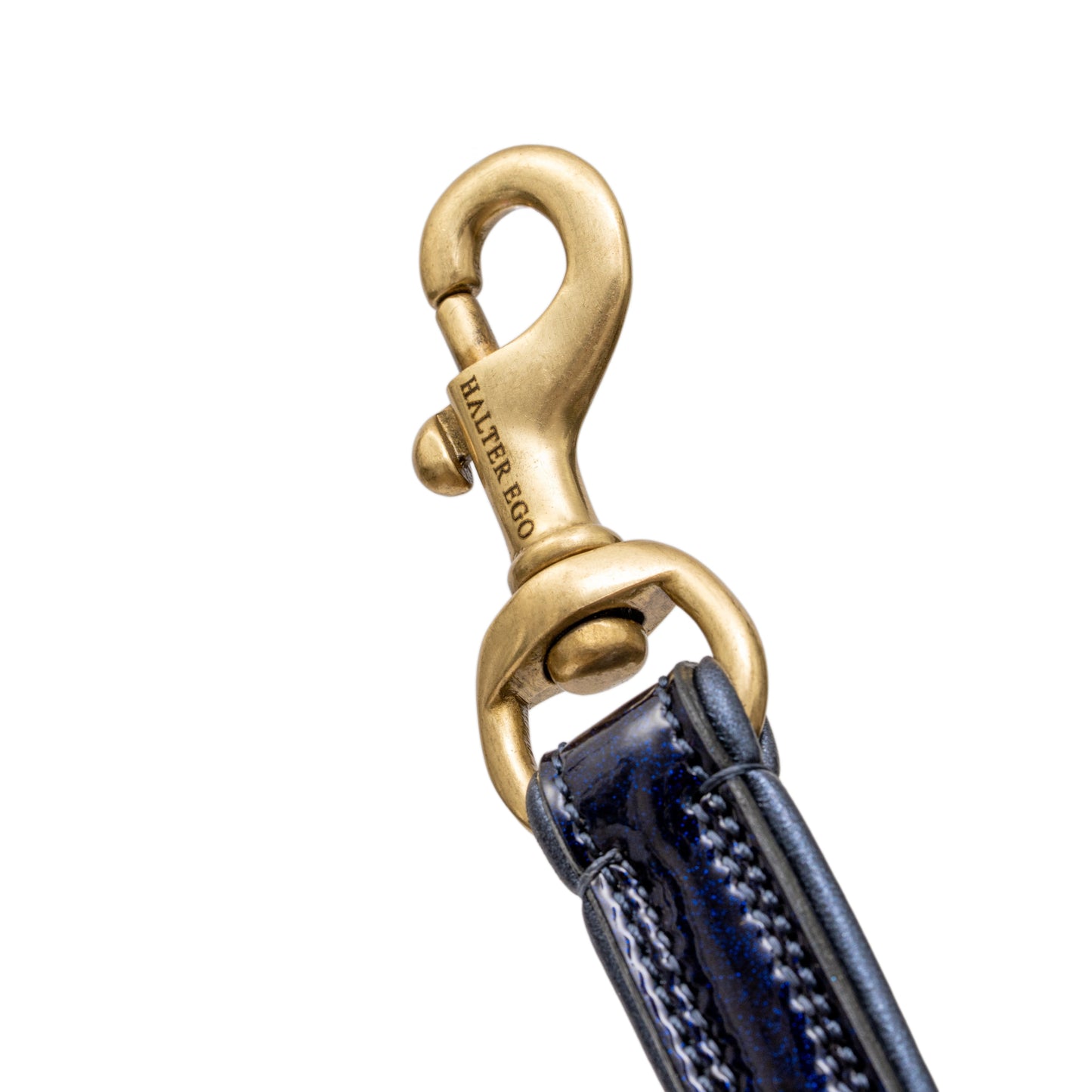 Revolution Blue Patent Leather Dog Leash by Halter Ego with gold-tone clasp on Tampa Home & Garden Store