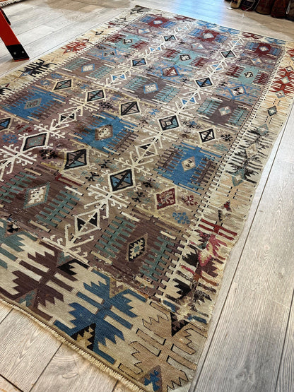 Reyhanli Anatolian 19th C Antique One Of A Kind Kilim Rug 5’ x 8’3” - Tampa Home & Garden Store