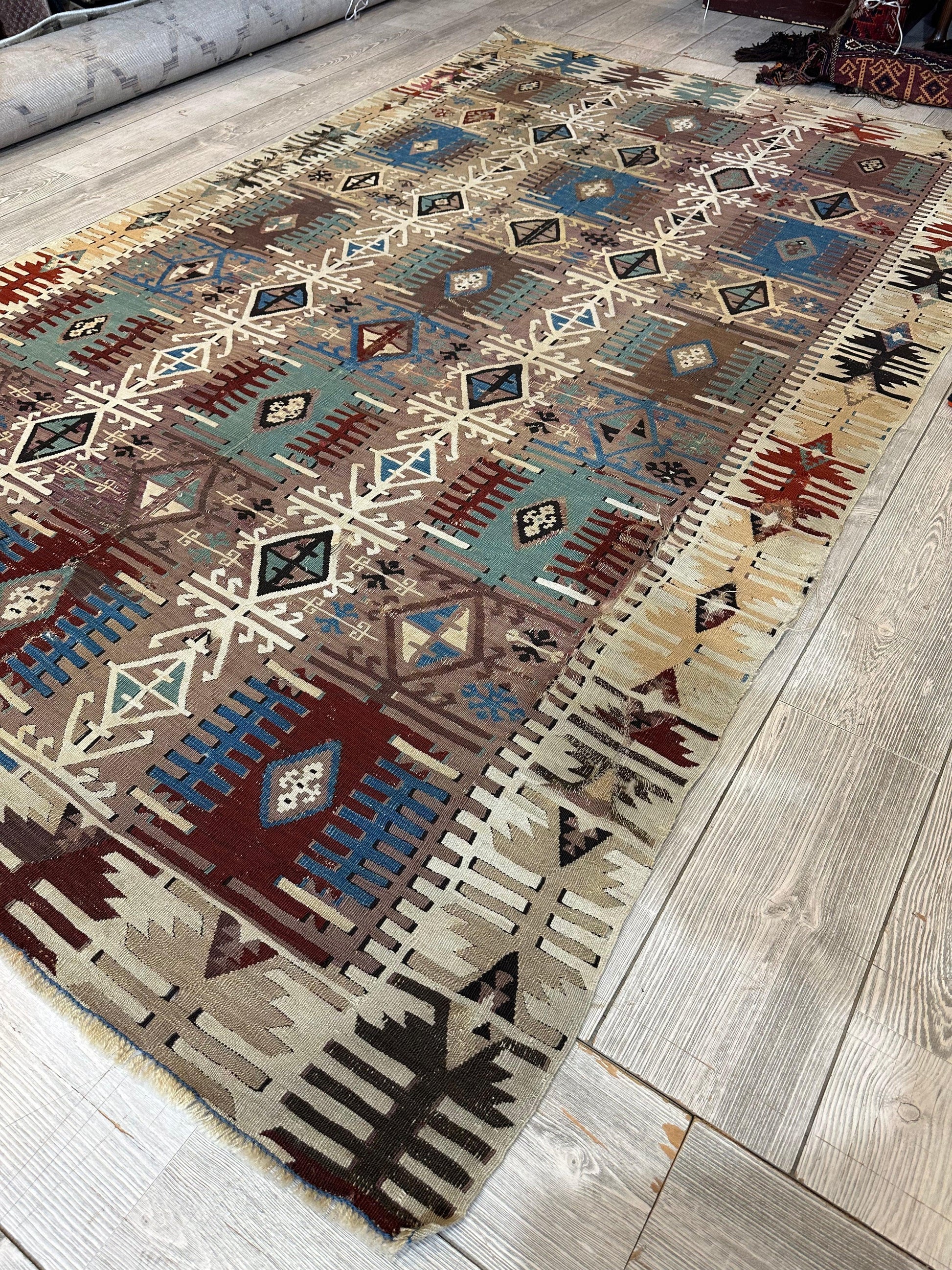 Reyhanli Anatolian 19th C Antique One Of A Kind Kilim Rug 5’ x 8’3” - Tampa Home & Garden Store