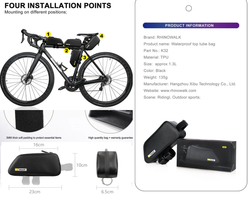 Rhinowalk Top Tube Bag - Stable & Waterproof Professional Cycling Accessory K32 1.3L - Tampa Home & Garden Store
