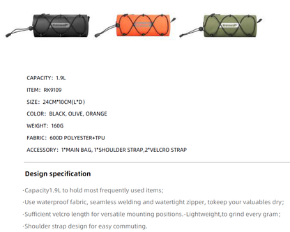 Rhinowalk Waterproof Handlebar Bag RK9109-1.9L, Front Bag Storage Bag with Shoulder Strap - Tampa Home & Garden Store