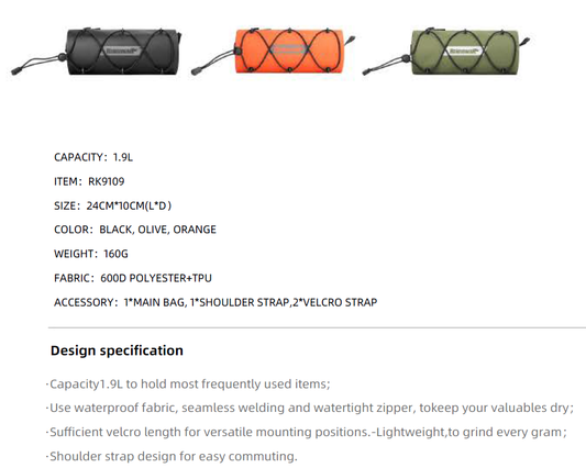 Rhinowalk Waterproof Handlebar Bag RK9109-1.9L, Front Bag Storage Bag with Shoulder Strap - Tampa Home & Garden Store