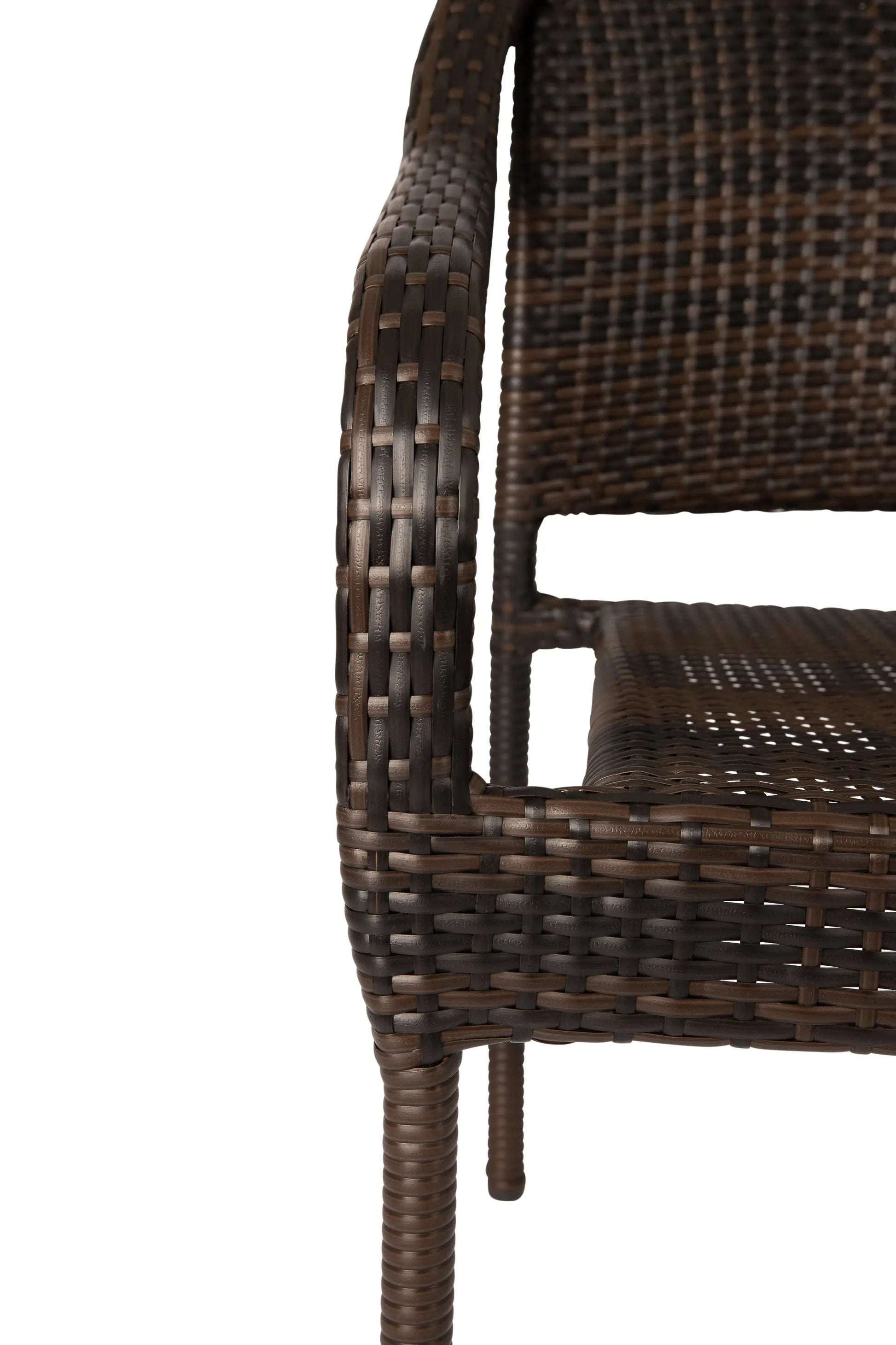 Rhodos cafe stacking chairs in mocha wicker, set of 4, close-up of woven wicker seat on Tampa Home & Garden Store