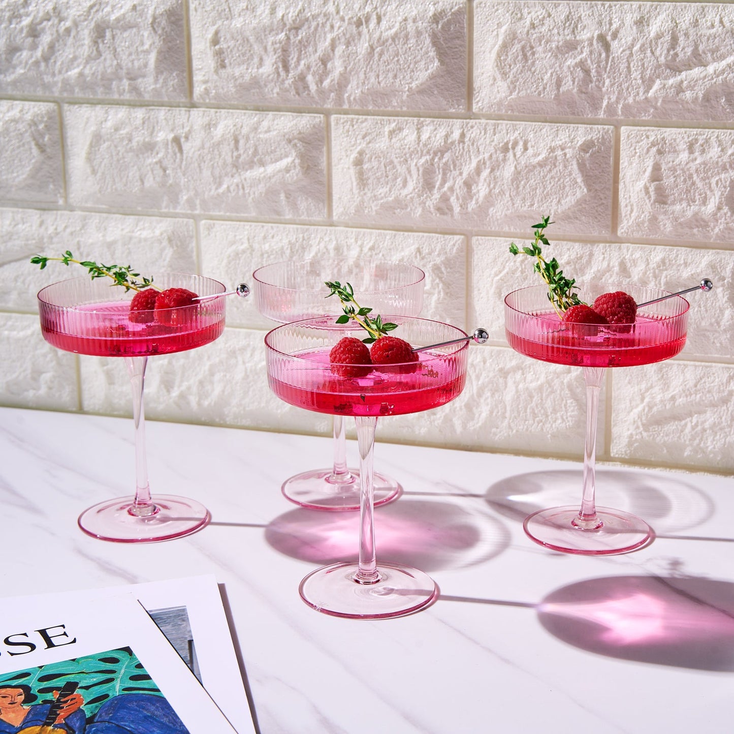 Como Ribbed Pink Champagne Coupe Set of 4 Glasses