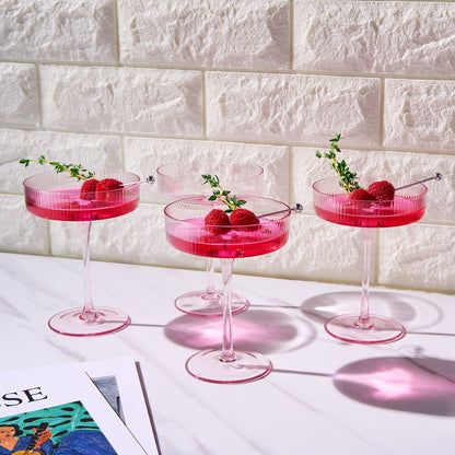 Como Ribbed Pink Champagne Coupe Set of 4 Glasses