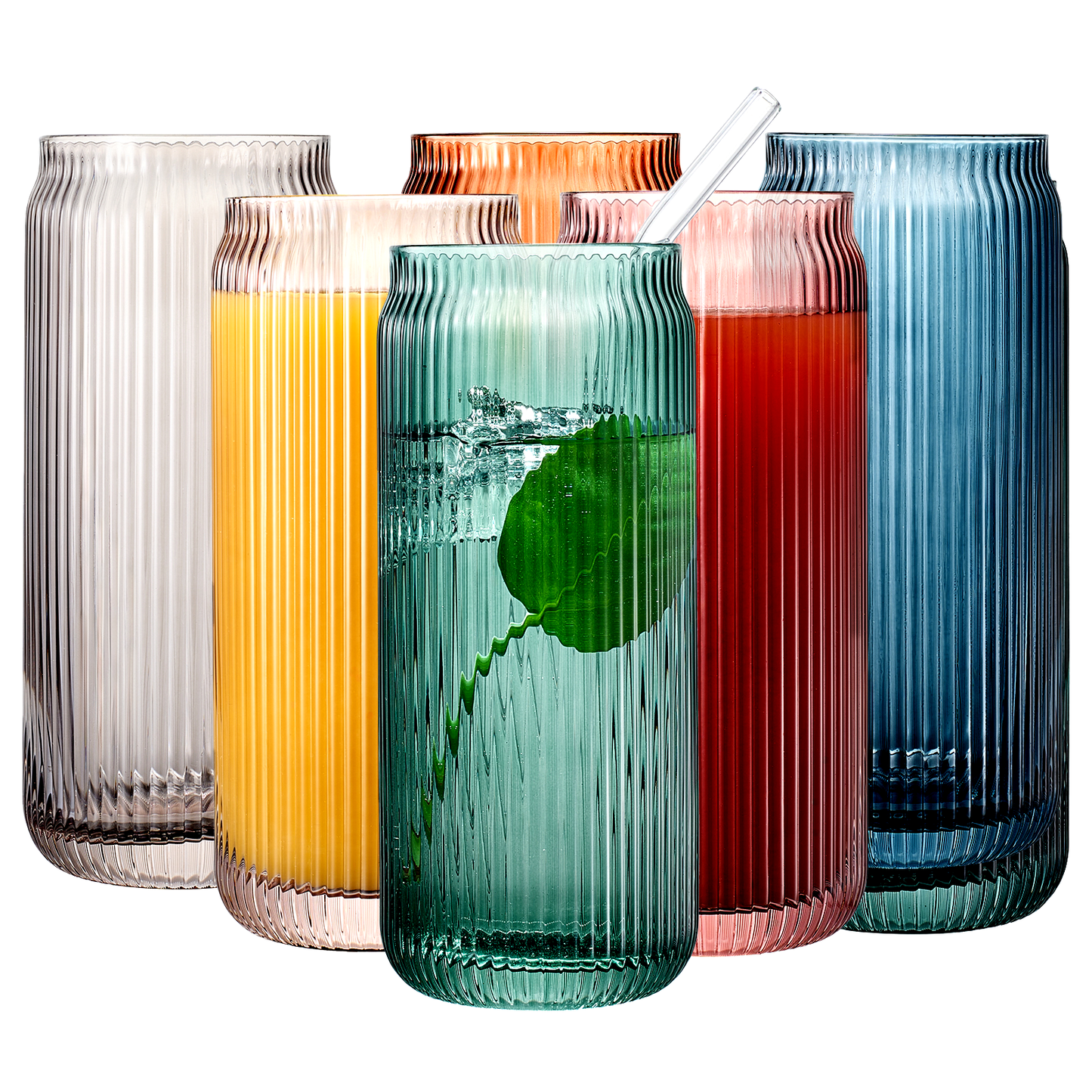 Tonal Ribbed Soda Can Glass and 6 Straws Set Of 6