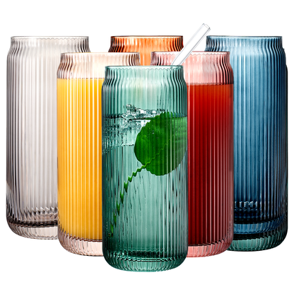 Tonal Ribbed Soda Can Glass and 6 Straws Set Of 6