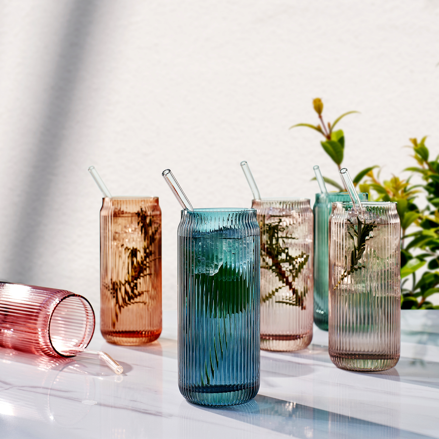 Tonal Ribbed Soda Can Glass and 6 Straws Set Of 6