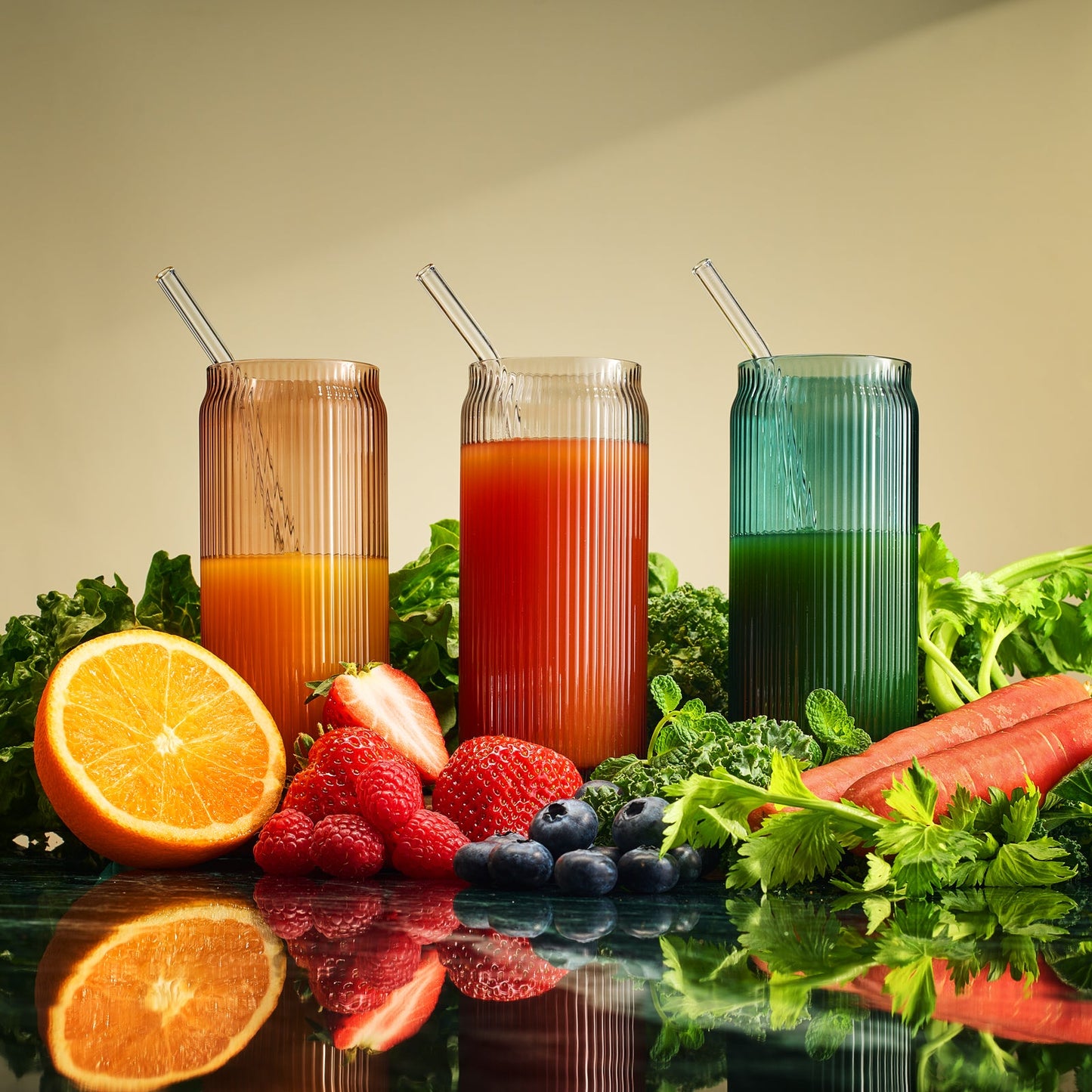 Tonal Ribbed Soda Can Glass and 6 Straws Set Of 6
