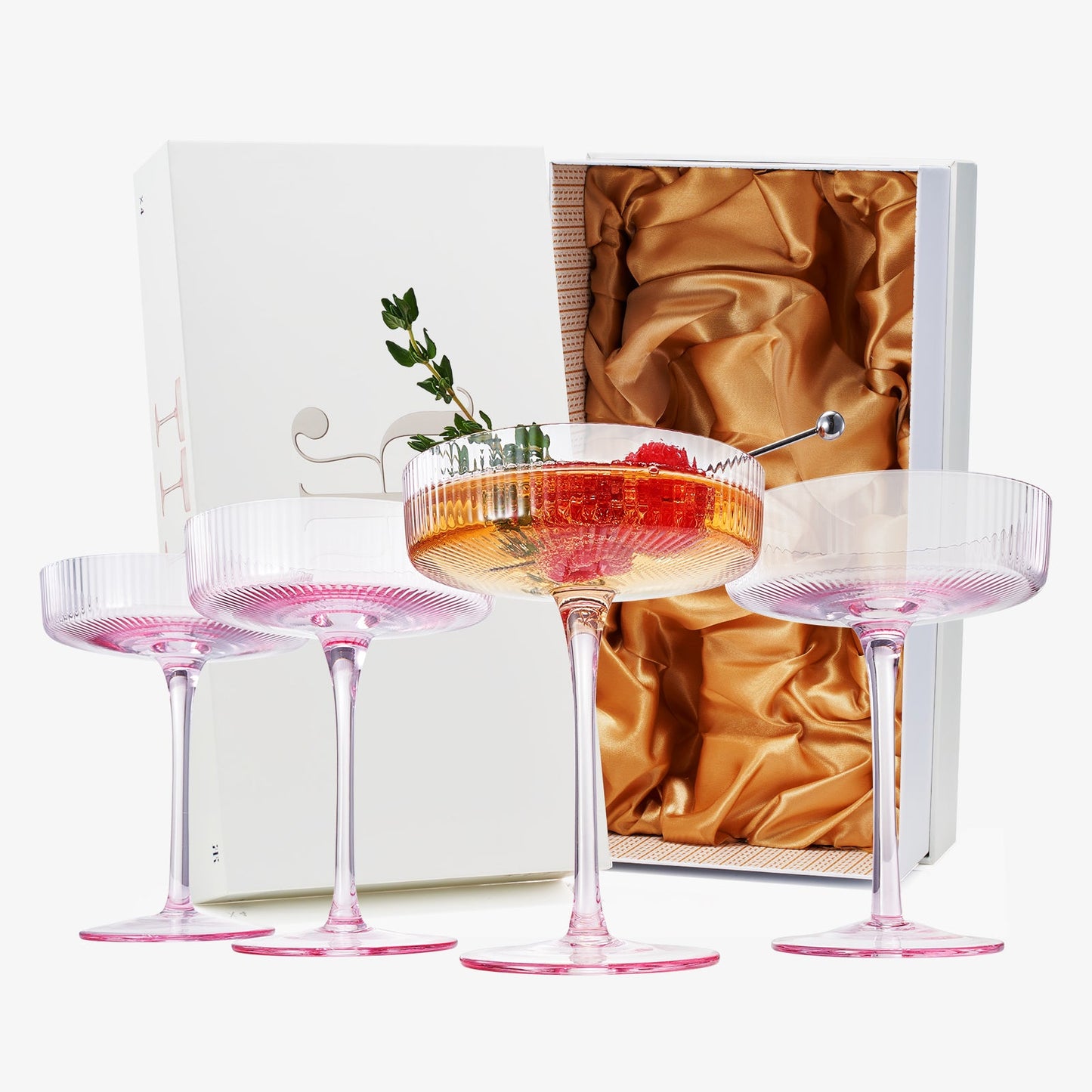 Como Ribbed Pink Champagne Coupe Set of 4 Glasses