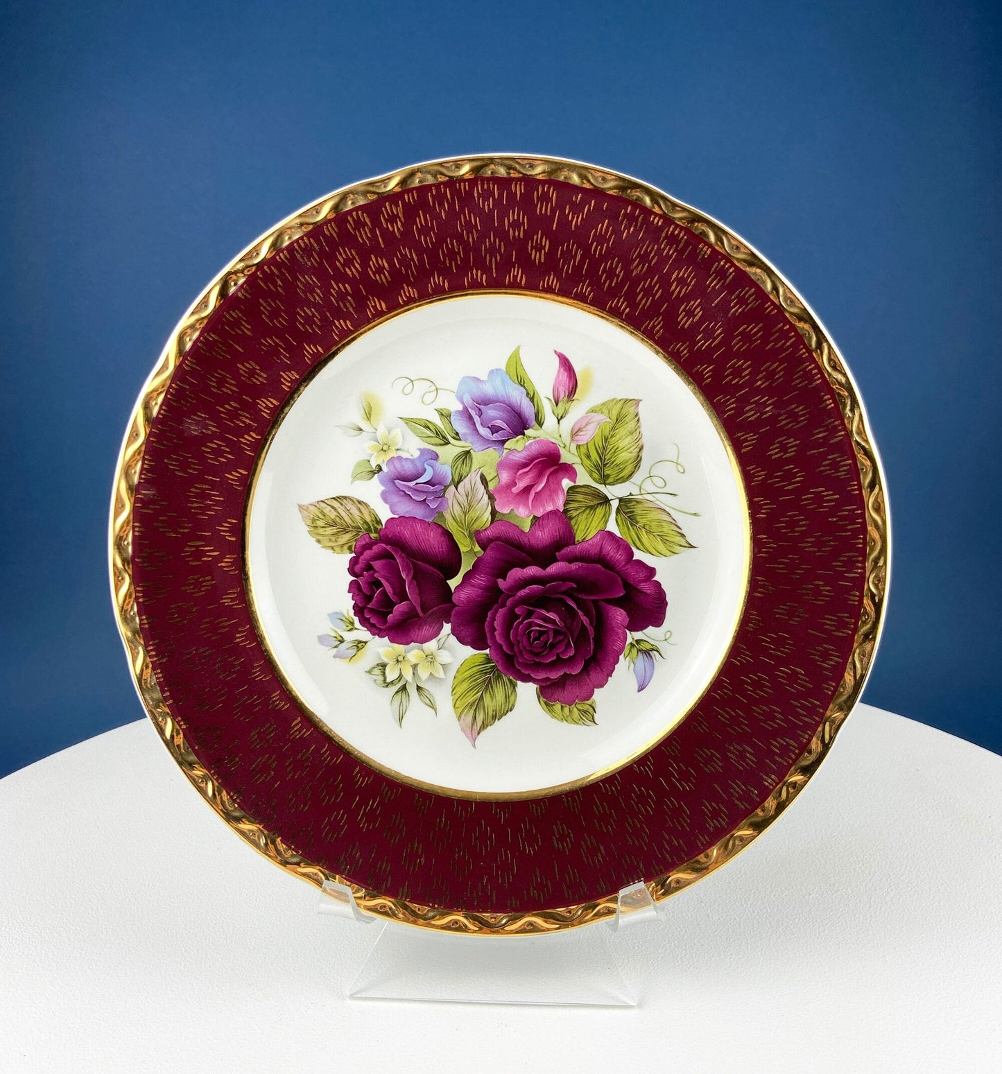 Rich Gold and Burgundy Serving Plate. Antique 11" OMCO Chekoslovakia Porcelain Plate. Spun Gold Brim and Floral Motif. - Tampa Home & Garden Store