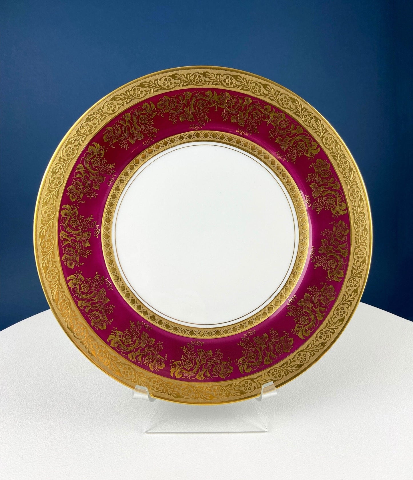 Rich Gold and Burgundy Serving Plate. Antique 11" OMCO Chekoslovakia Porcelain Plate. Spun Gold Brim and Floral Motif. - Tampa Home & Garden Store
