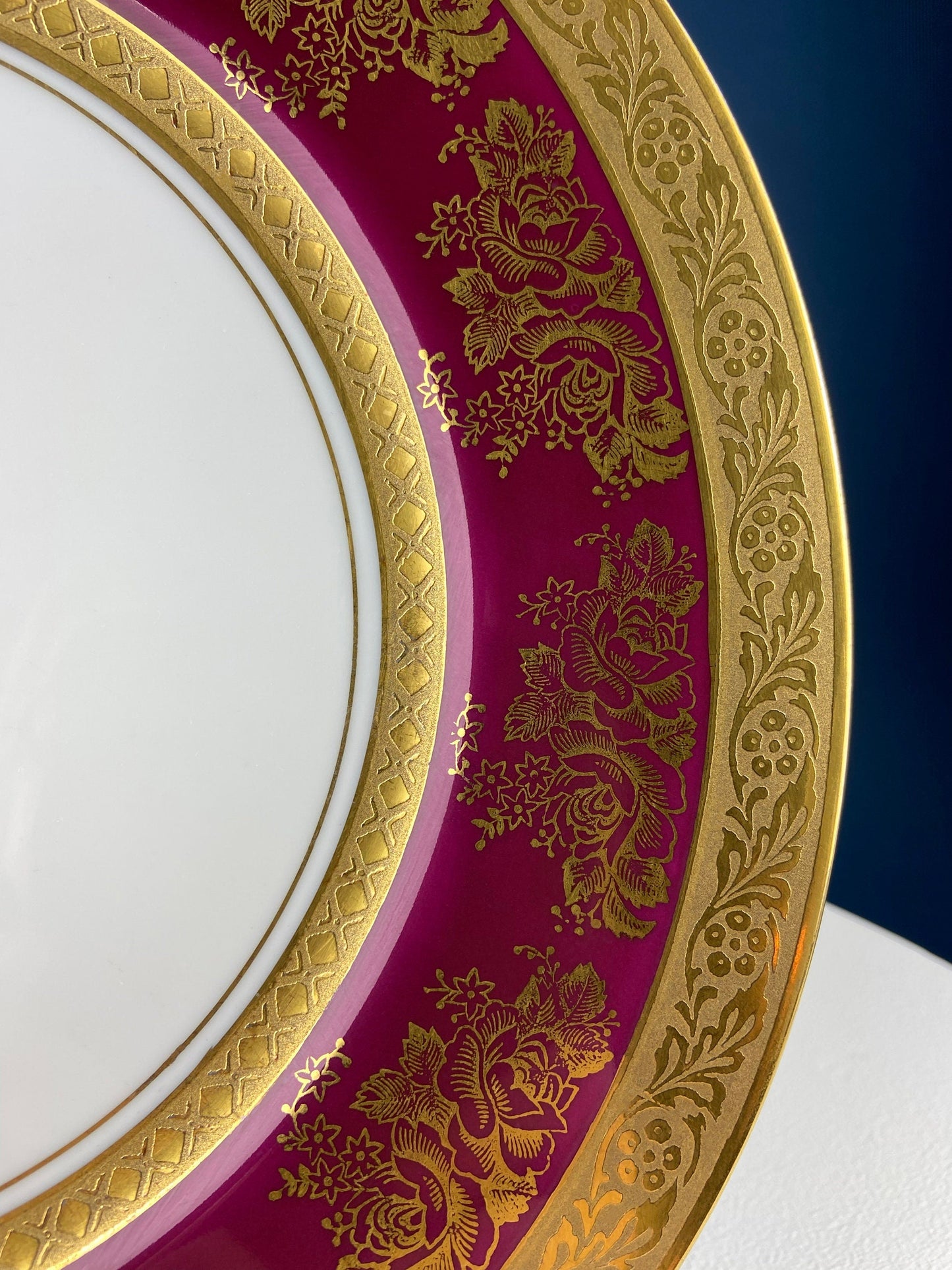 Rich Gold and Burgundy Serving Plate. Antique 11" OMCO Chekoslovakia Porcelain Plate. Spun Gold Brim and Floral Motif. - Tampa Home & Garden Store