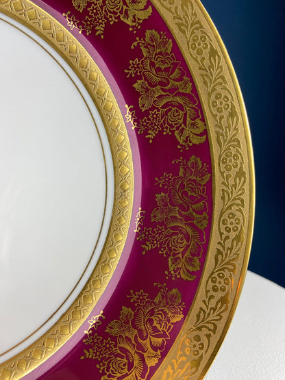 Rich Gold and Burgundy Serving Plate. Antique 11" OMCO Chekoslovakia Porcelain Plate. Spun Gold Brim and Floral Motif. - Tampa Home & Garden Store