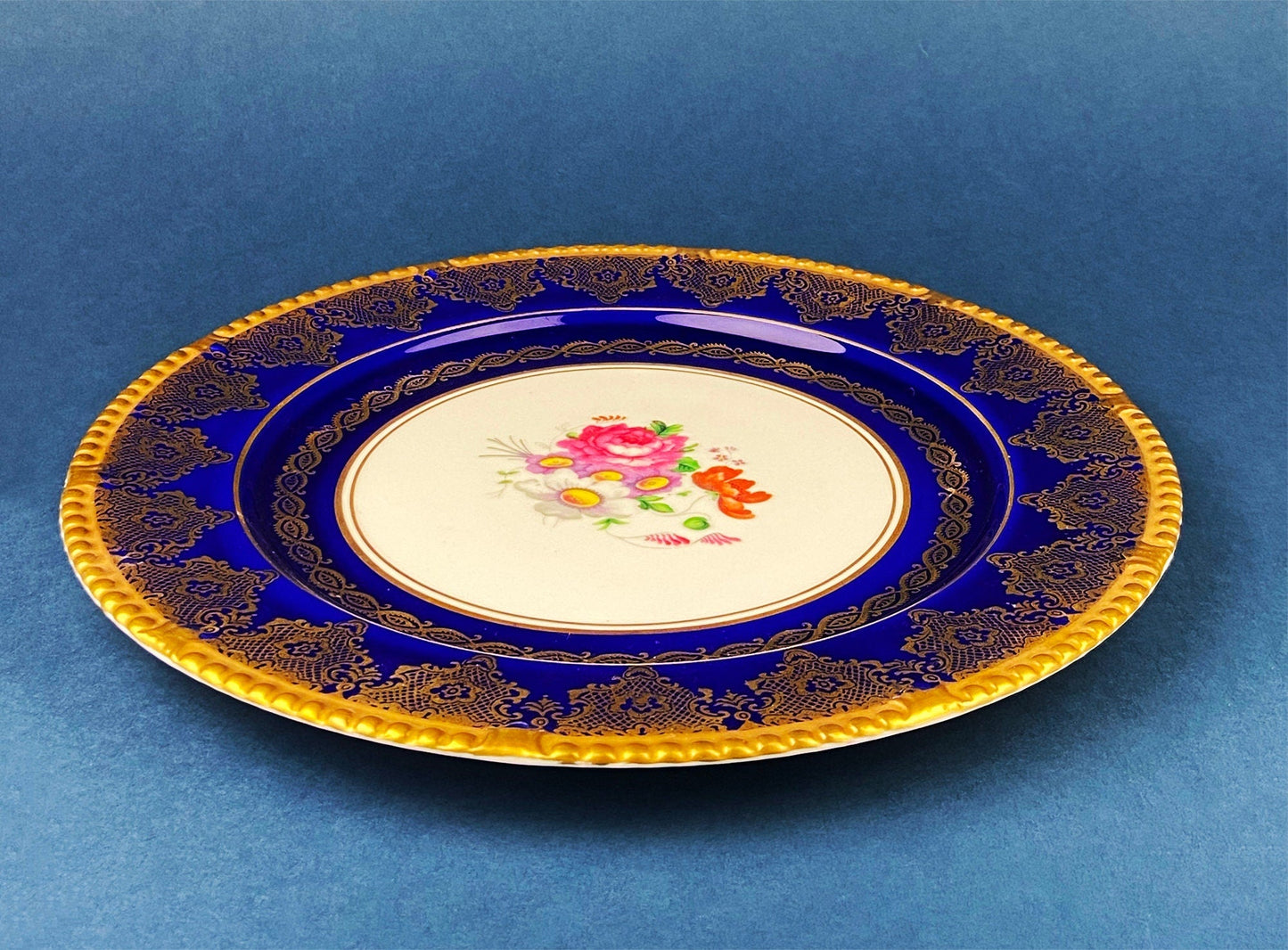 Rich Gold and Burgundy Serving Plate. Antique 11" OMCO Chekoslovakia Porcelain Plate. Spun Gold Brim and Floral Motif. - Tampa Home & Garden Store