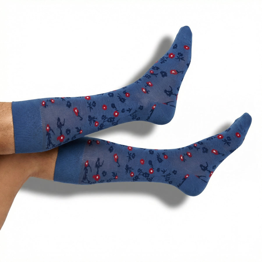 Boardroom dress socks blue crew length with red floral pattern, 7-pack on Tampa Home & Garden Store