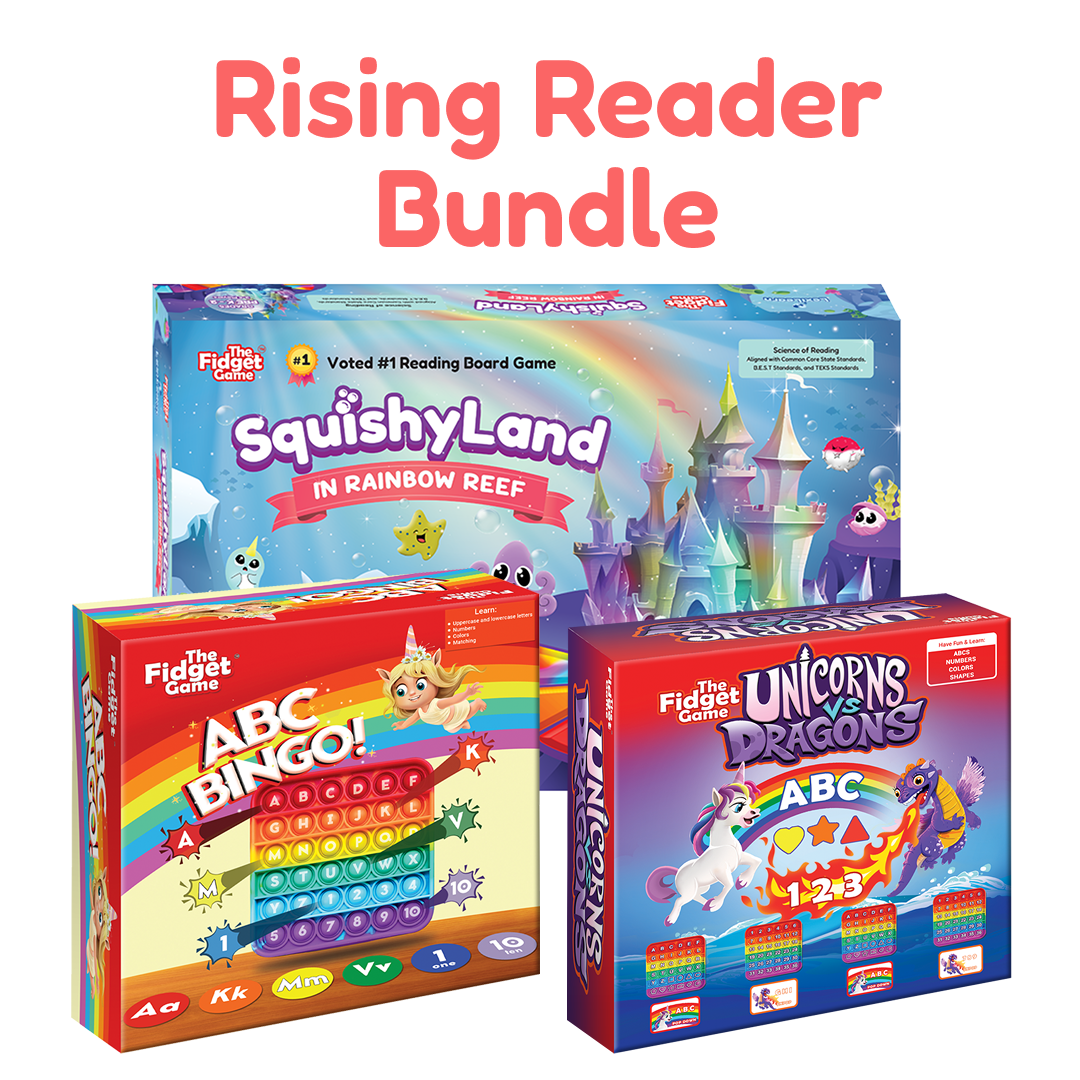 Rising Reader Bundle: 3 bright Fidget Game reading toys SquishyLand ABC Bingo Unicorns vs Dragons on Tampa Home & Garden Store