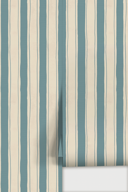 Riviera Stripe Wallpaper, off-white and dusty blue - Tampa Home & Garden Store