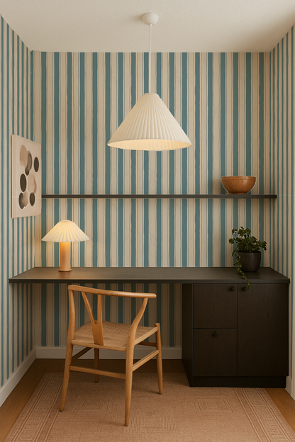 Riviera Stripe Wallpaper, off-white and dusty blue - Tampa Home & Garden Store