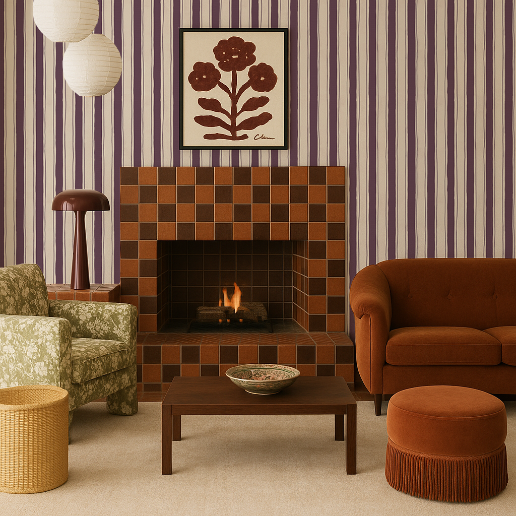 Riviera Stripe Wallpaper, off-white and eggplant - Tampa Home & Garden Store
