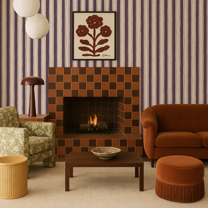 Riviera Stripe Wallpaper, off-white and eggplant - Tampa Home & Garden Store