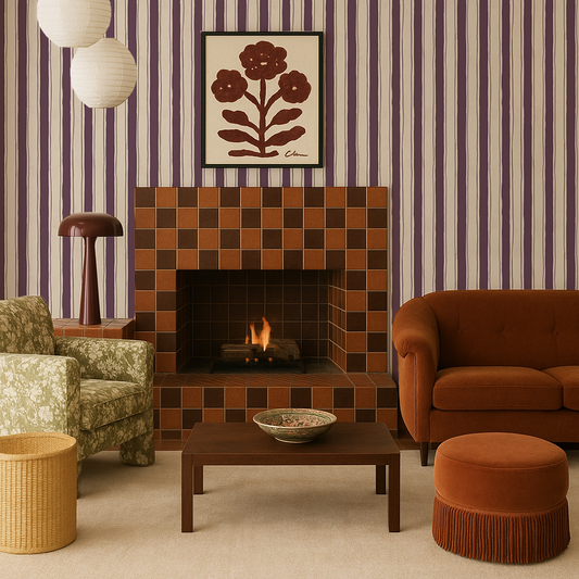 Riviera Stripe Wallpaper, off-white and eggplant - Tampa Home & Garden Store