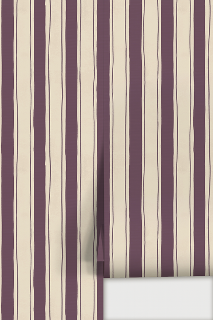Riviera Stripe Wallpaper, off-white and eggplant - Tampa Home & Garden Store
