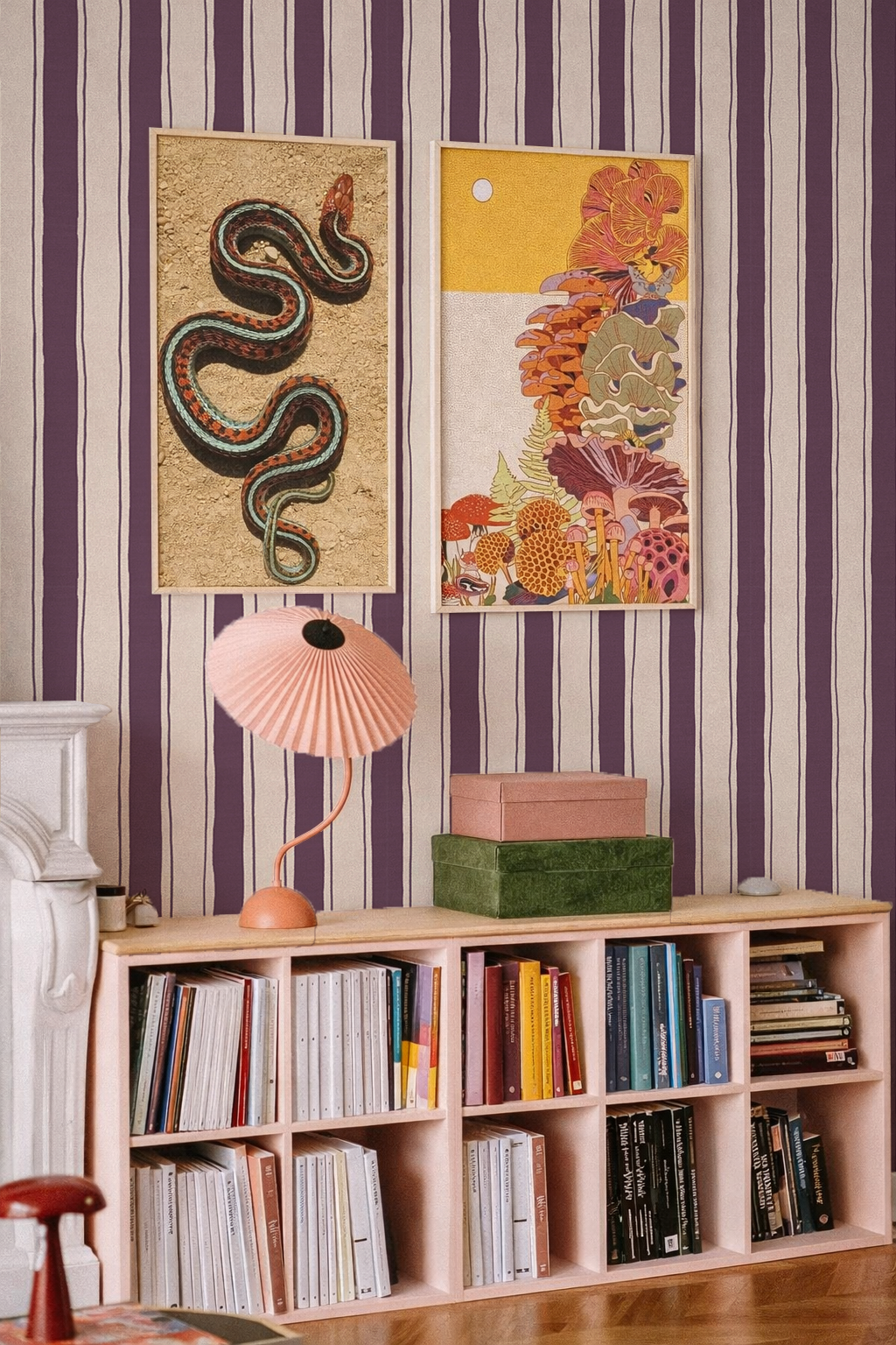 Riviera Stripe Wallpaper, off-white and eggplant - Tampa Home & Garden Store