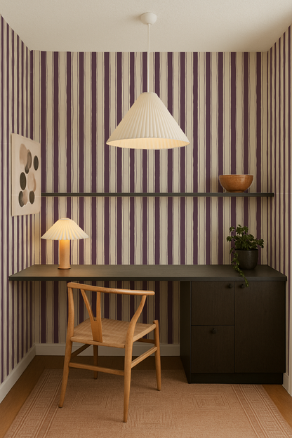 Riviera Stripe Wallpaper, off-white and eggplant - Tampa Home & Garden Store