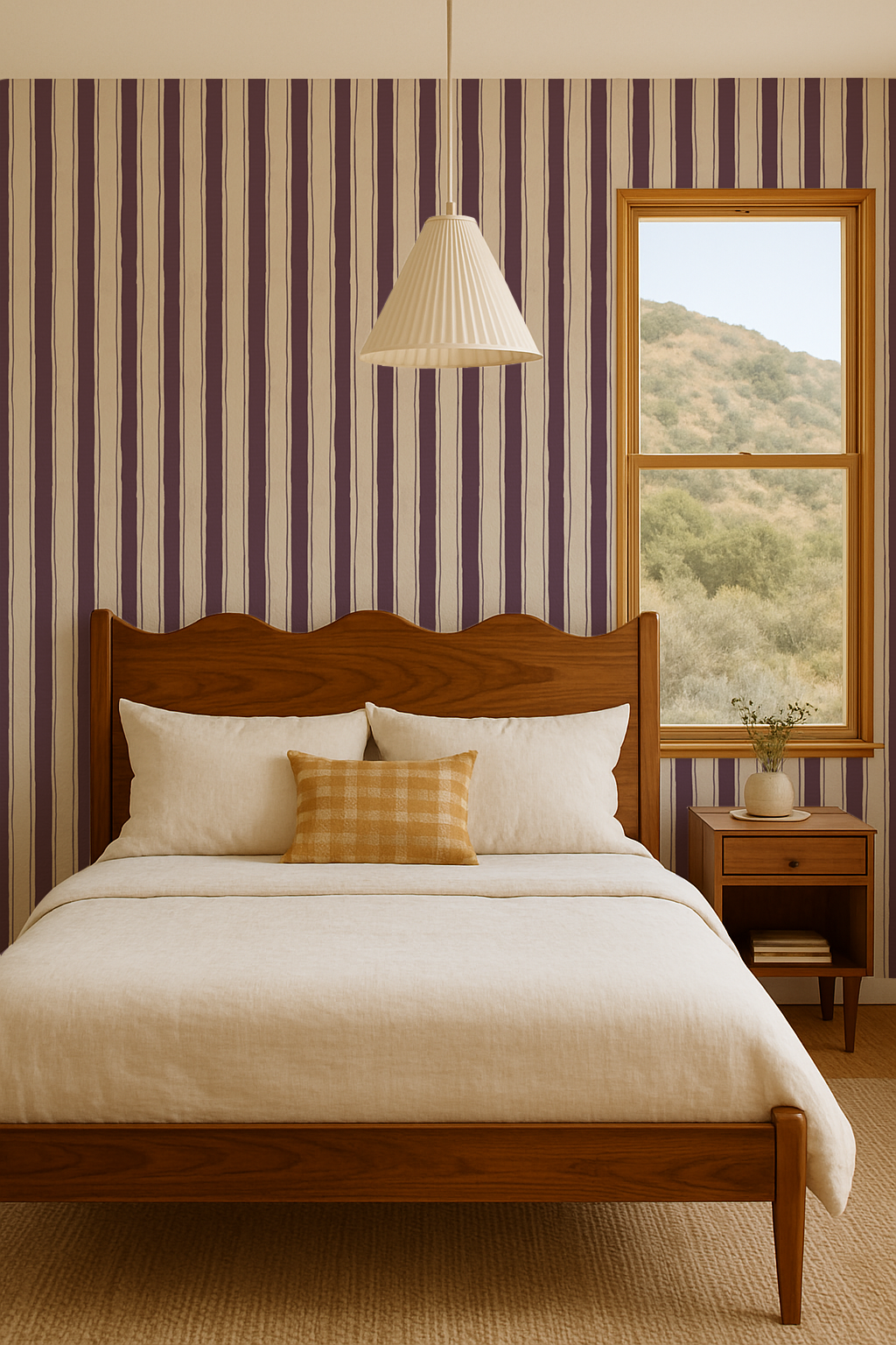 Riviera Stripe Wallpaper, off-white and eggplant - Tampa Home & Garden Store