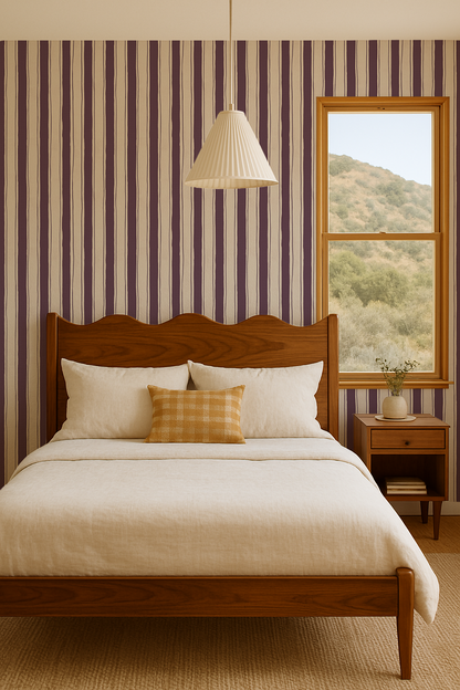 Riviera Stripe Wallpaper, off-white and eggplant - Tampa Home & Garden Store