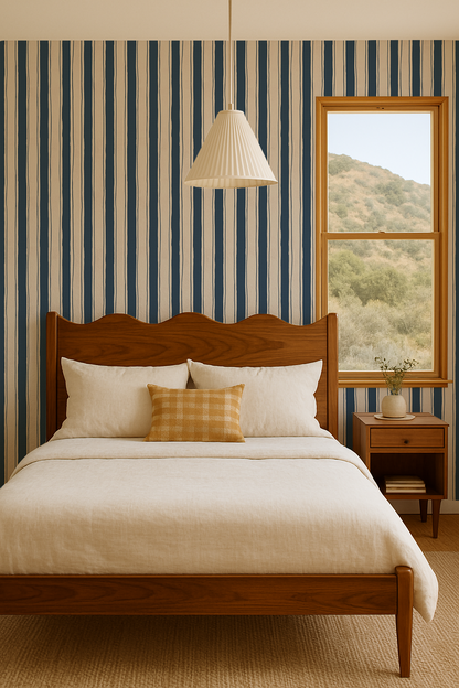 Riviera Stripe Wallpaper, off-white and navy - Tampa Home & Garden Store