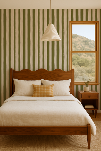 Riviera Stripe Wallpaper, off-white and olive green - Tampa Home & Garden Store