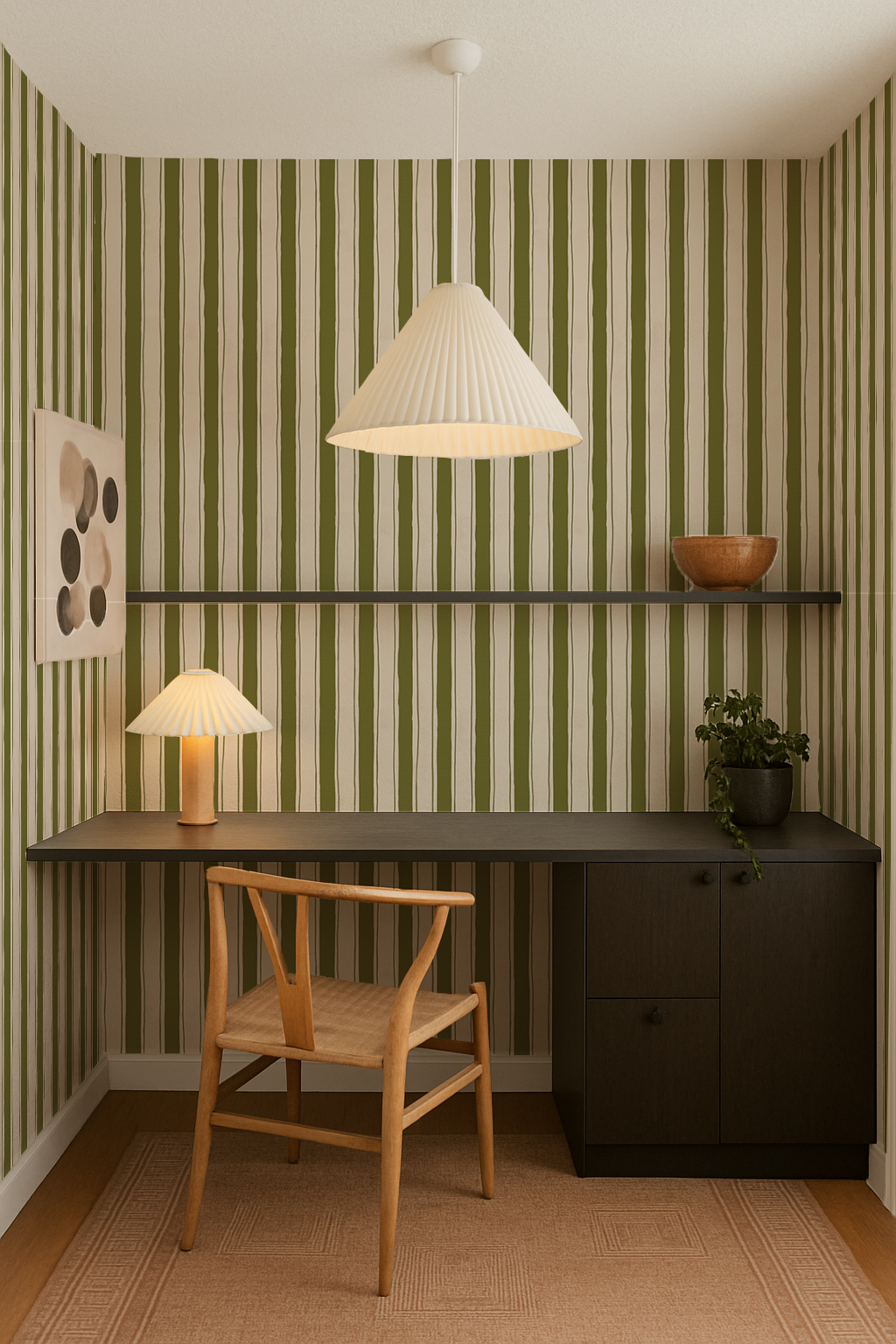 Riviera Stripe Wallpaper, off-white and olive green - Tampa Home & Garden Store
