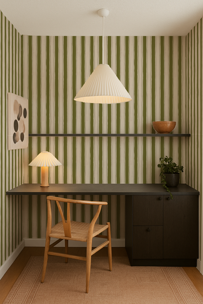 Riviera Stripe Wallpaper, off-white and olive green - Tampa Home & Garden Store