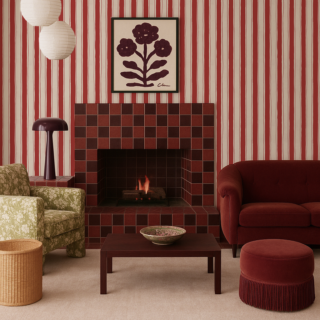 Riviera Stripe Wallpaper, off-white and red - Tampa Home & Garden Store